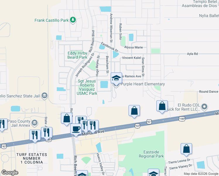 map of restaurants, bars, coffee shops, grocery stores, and more near 4561 Andrew Wiseman Street in El Paso
