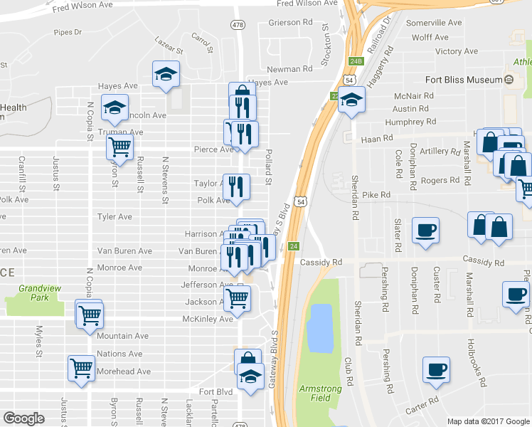 map of restaurants, bars, coffee shops, grocery stores, and more near 4031 Tyler Avenue in El Paso