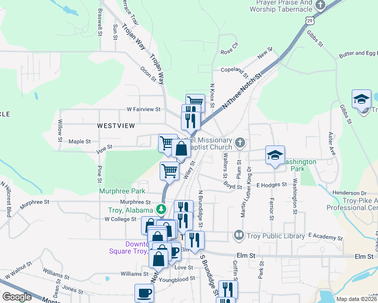 map of restaurants, bars, coffee shops, grocery stores, and more near 308-407 Wiley Street in Troy