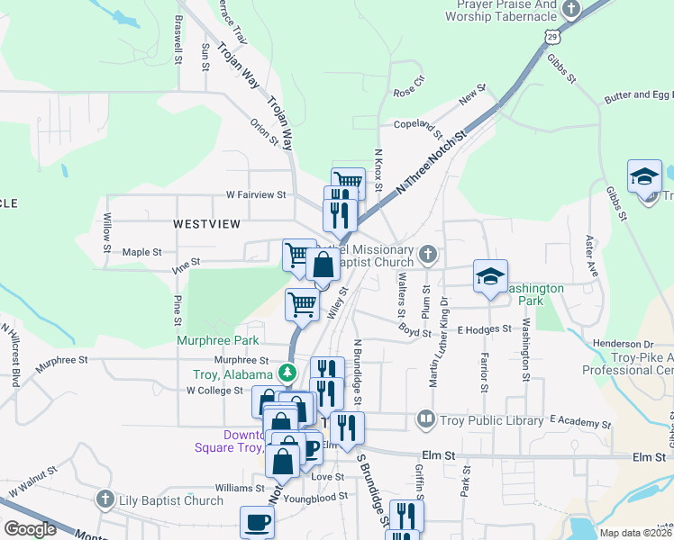 map of restaurants, bars, coffee shops, grocery stores, and more near 308-407 Wiley Street in Troy