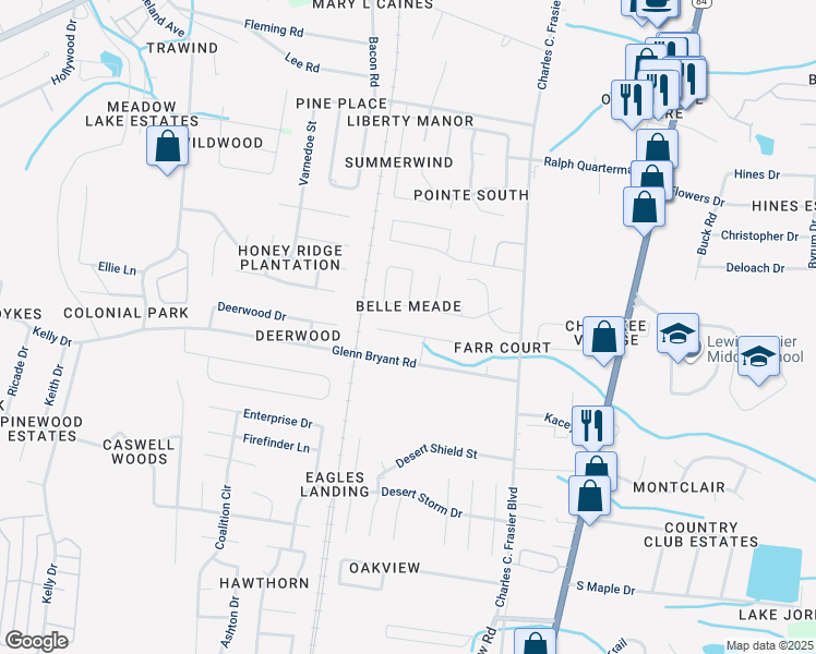 map of restaurants, bars, coffee shops, grocery stores, and more near 138 Deerwood Court in Hinesville