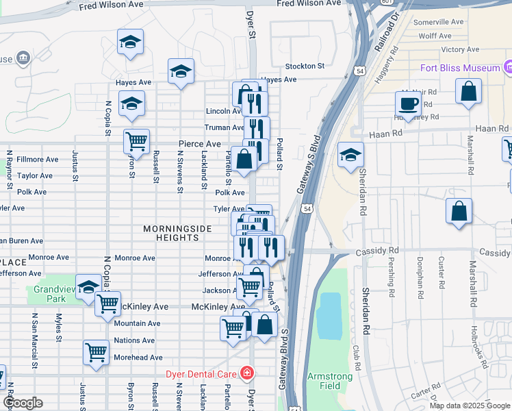 map of restaurants, bars, coffee shops, grocery stores, and more near 4304 Dyer Street in El Paso