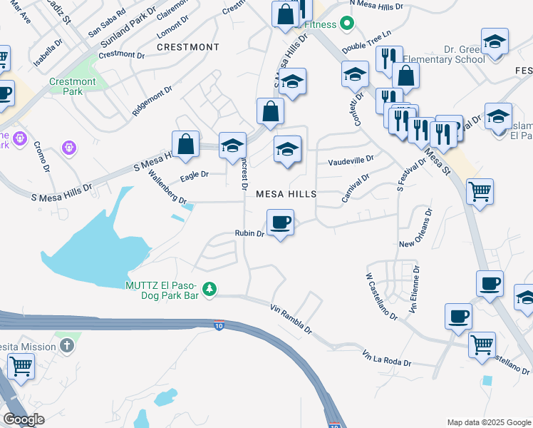 map of restaurants, bars, coffee shops, grocery stores, and more near 36 Mangrum Circle in El Paso