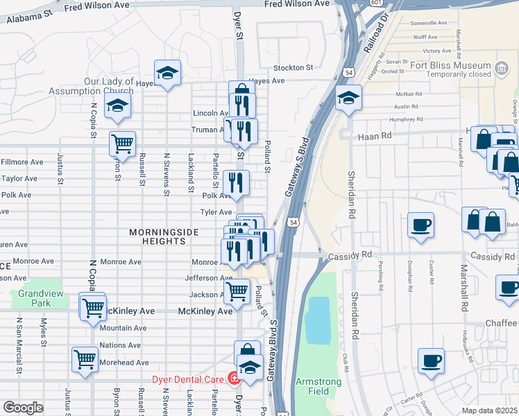 map of restaurants, bars, coffee shops, grocery stores, and more near 4031 Tyler Avenue in El Paso