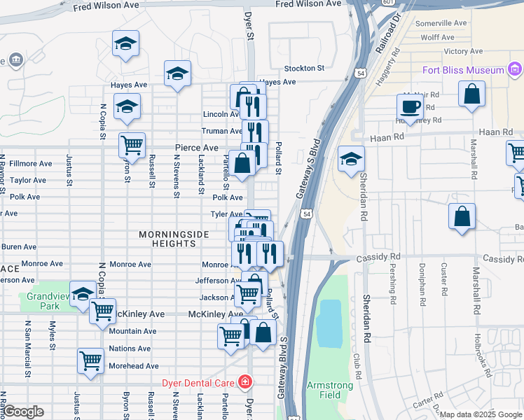 map of restaurants, bars, coffee shops, grocery stores, and more near 4304 Dyer Street in El Paso