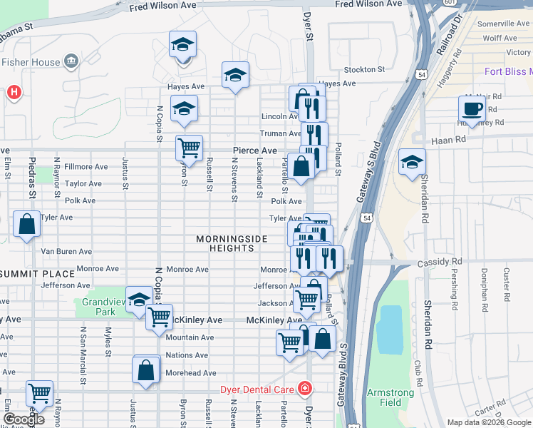 map of restaurants, bars, coffee shops, grocery stores, and more near 3801 Tyler Avenue in El Paso