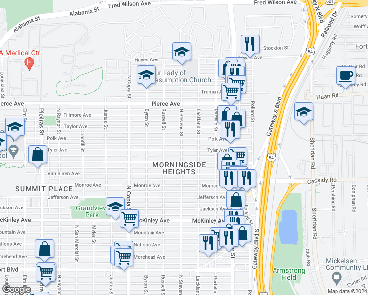 map of restaurants, bars, coffee shops, grocery stores, and more near 3701 Tyler Avenue in El Paso