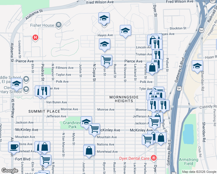 map of restaurants, bars, coffee shops, grocery stores, and more near 3501 Tyler Avenue in El Paso