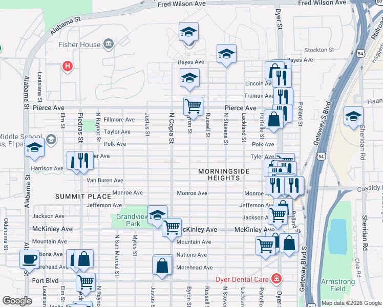 map of restaurants, bars, coffee shops, grocery stores, and more near 3501 Tyler Avenue in El Paso