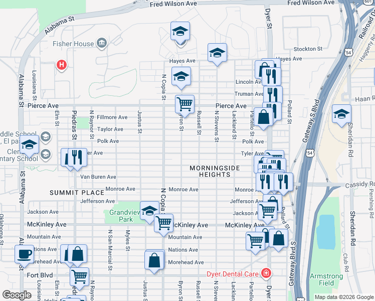 map of restaurants, bars, coffee shops, grocery stores, and more near 3501 Tyler Avenue in El Paso