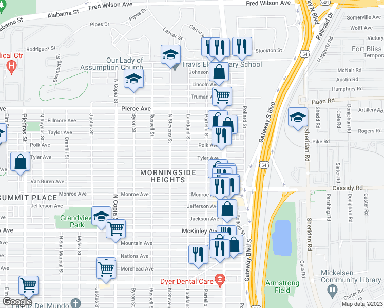map of restaurants, bars, coffee shops, grocery stores, and more near 3803 Tyler Avenue in El Paso