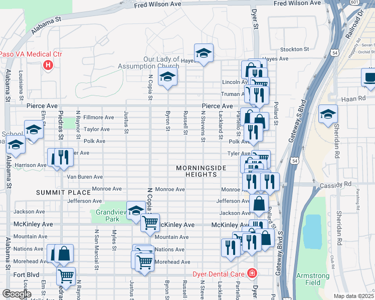 map of restaurants, bars, coffee shops, grocery stores, and more near 3601 Tyler Avenue in El Paso