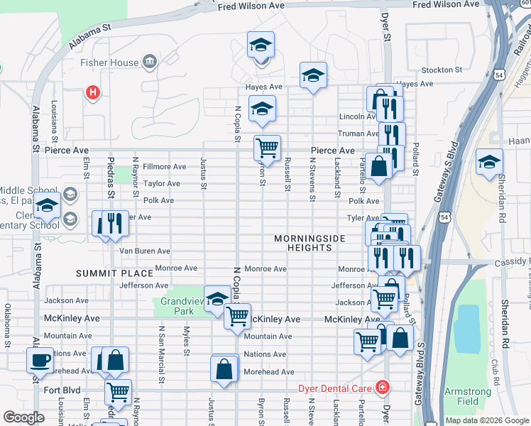 map of restaurants, bars, coffee shops, grocery stores, and more near 3501 Tyler Avenue in El Paso