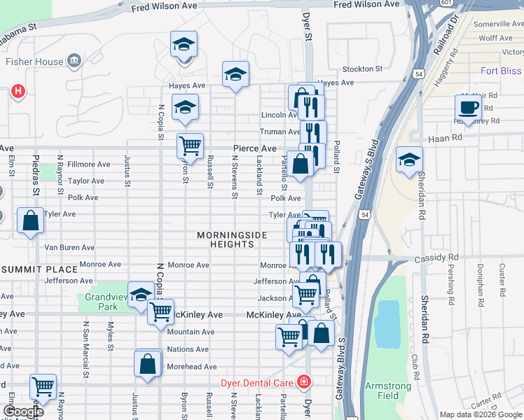 map of restaurants, bars, coffee shops, grocery stores, and more near 3801 Tyler Avenue in El Paso
