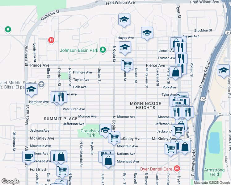 map of restaurants, bars, coffee shops, grocery stores, and more near 3401 Tyler Avenue in El Paso