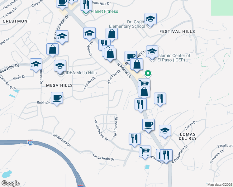 map of restaurants, bars, coffee shops, grocery stores, and more near 124 Masquerade Lane in El Paso
