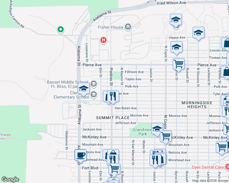 map of restaurants, bars, coffee shops, grocery stores, and more near 2907 Tyler Avenue in El Paso