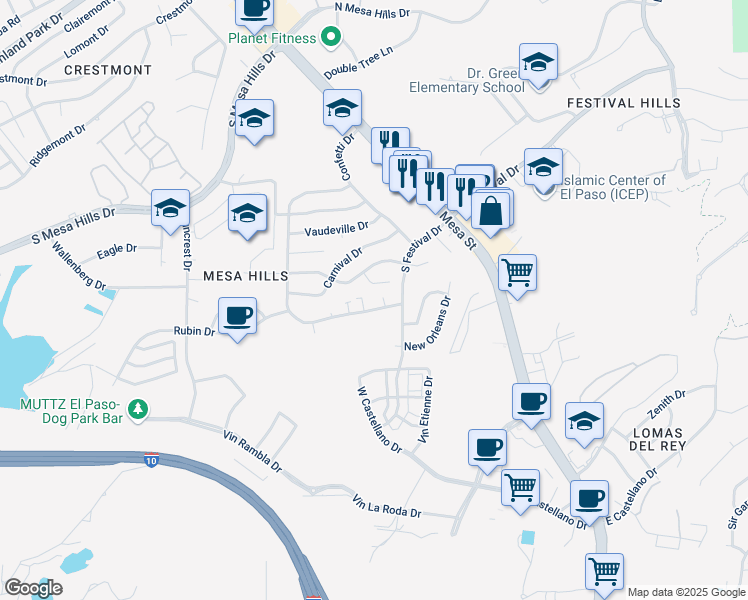 map of restaurants, bars, coffee shops, grocery stores, and more near 5224 Carousel Drive in El Paso