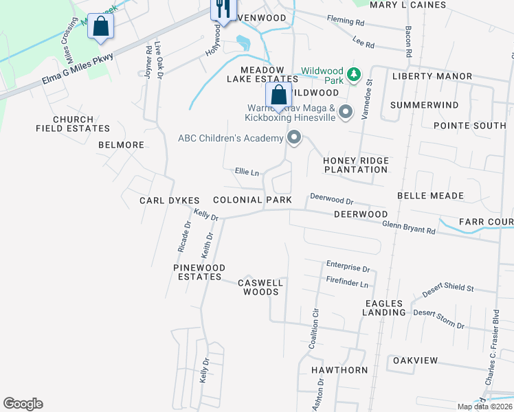 map of restaurants, bars, coffee shops, grocery stores, and more near 1100 Pineland Avenue in Hinesville