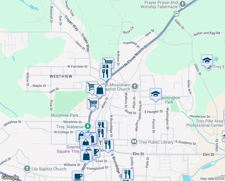 map of restaurants, bars, coffee shops, grocery stores, and more near 308 Wiley Street in Troy