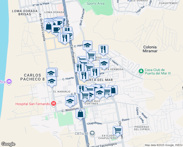 map of restaurants, bars, coffee shops, grocery stores, and more near 347 Boulevard Zertuche in Ensenada