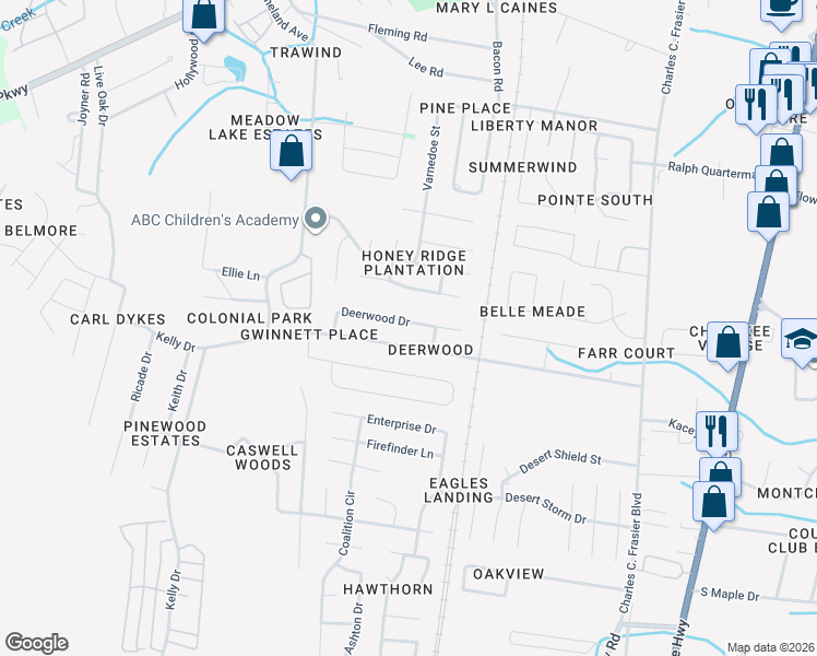 map of restaurants, bars, coffee shops, grocery stores, and more near 221 Deerwood Drive in Hinesville