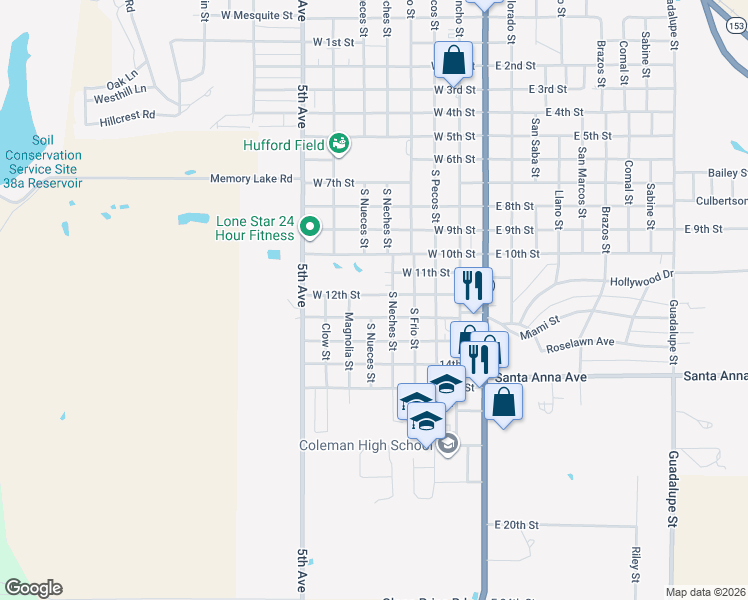 map of restaurants, bars, coffee shops, grocery stores, and more near 515 West 12th Street in Coleman