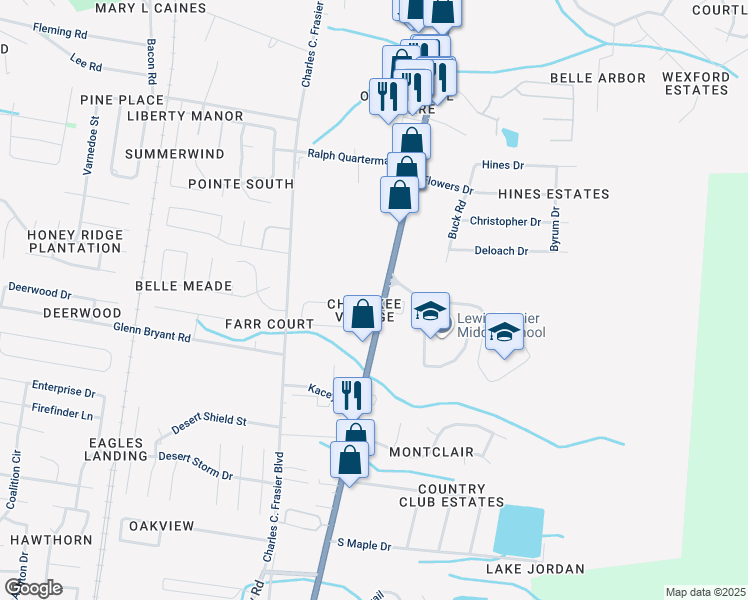 map of restaurants, bars, coffee shops, grocery stores, and more near 102 Cherokee Circle in Hinesville