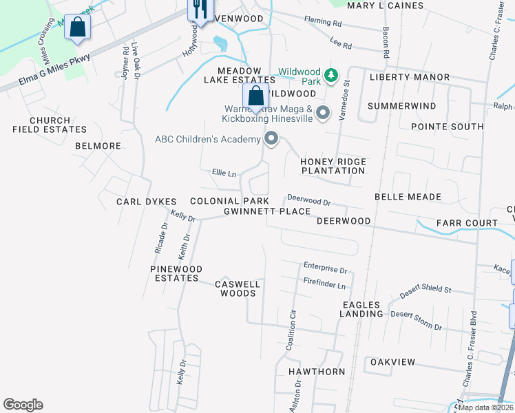 map of restaurants, bars, coffee shops, grocery stores, and more near 256 Glenn Bryant Road in Hinesville