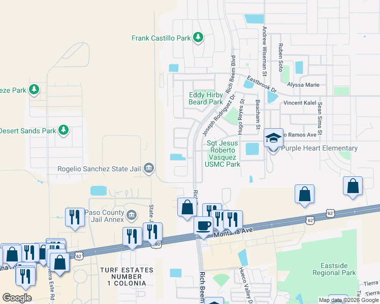 map of restaurants, bars, coffee shops, grocery stores, and more near 4600 Lorenzo Ponce Drive in El Paso
