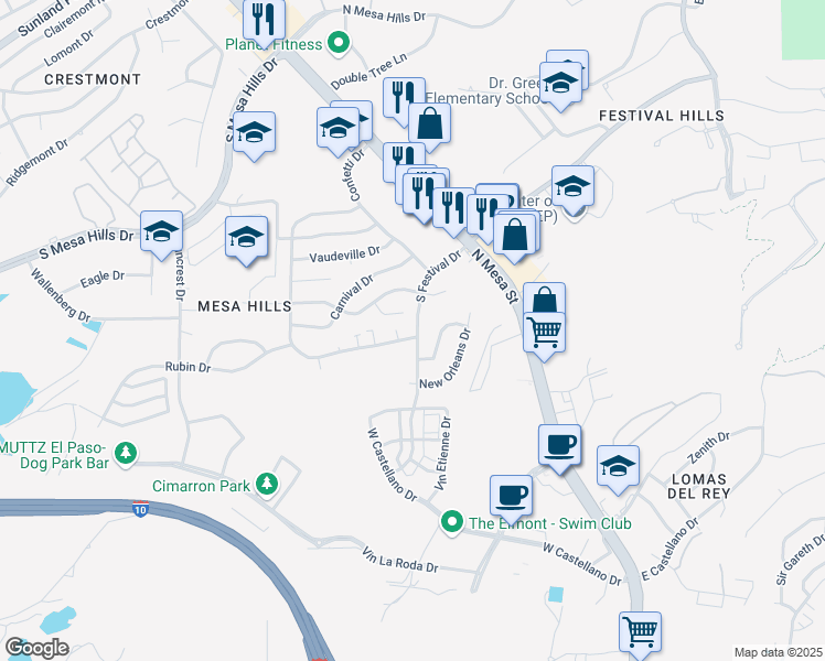 map of restaurants, bars, coffee shops, grocery stores, and more near 5200 Carousel Drive in El Paso