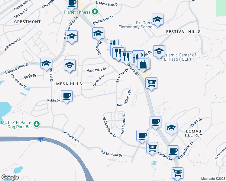 map of restaurants, bars, coffee shops, grocery stores, and more near 5200 Carousel Drive in El Paso