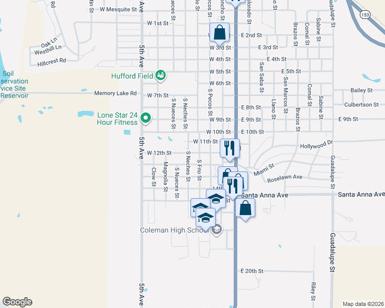 map of restaurants, bars, coffee shops, grocery stores, and more near 1904 South Frio Street in Coleman