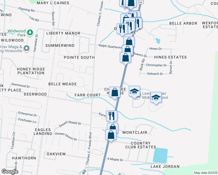 map of restaurants, bars, coffee shops, grocery stores, and more near 116 Cherokee Circle in Hinesville