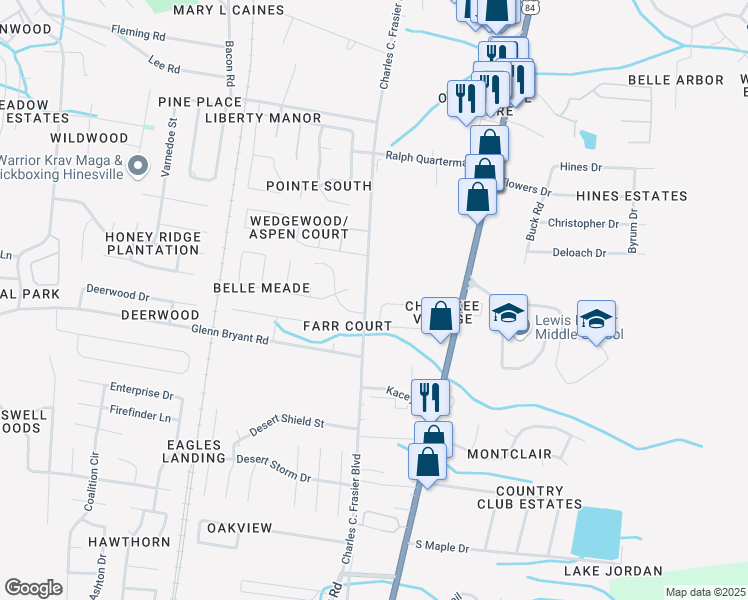 map of restaurants, bars, coffee shops, grocery stores, and more near 142 Cherokee Circle in Hinesville