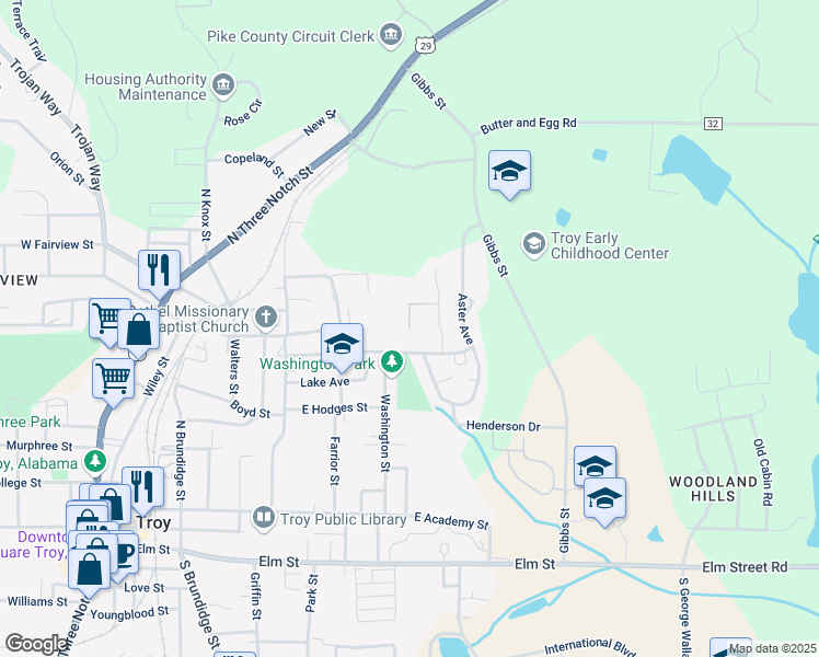 map of restaurants, bars, coffee shops, grocery stores, and more near 100 Woodland Hills Drive in Troy