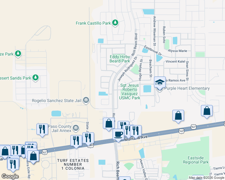 map of restaurants, bars, coffee shops, grocery stores, and more near G R Campuzano Drive in El Paso