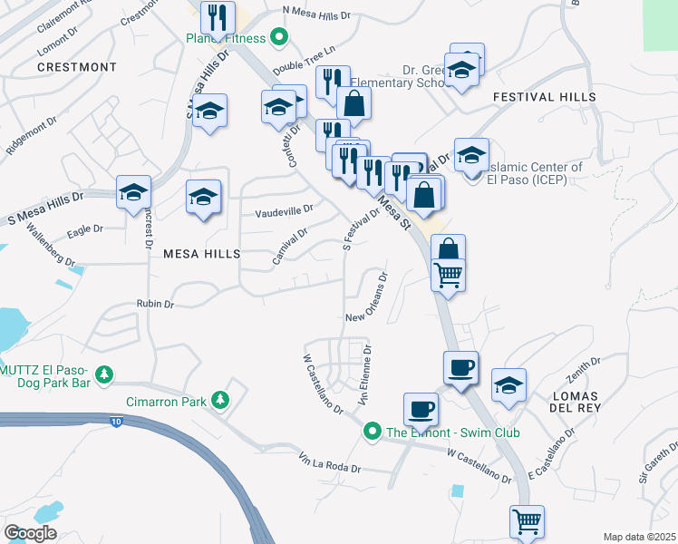 map of restaurants, bars, coffee shops, grocery stores, and more near 5200 Carousel Drive in El Paso
