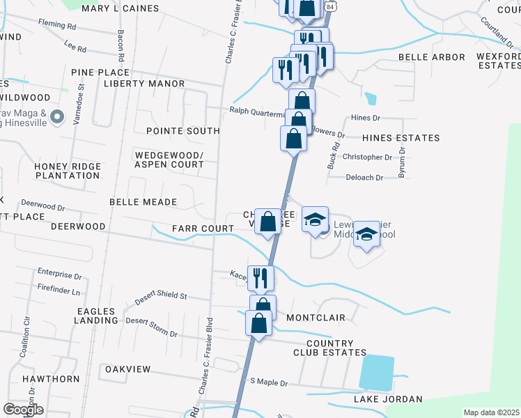 map of restaurants, bars, coffee shops, grocery stores, and more near 114 Cherokee Circle in Hinesville