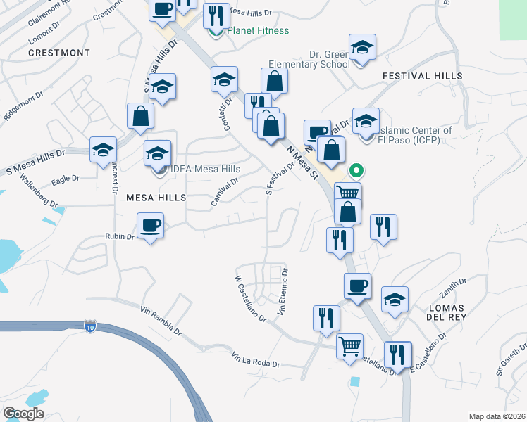map of restaurants, bars, coffee shops, grocery stores, and more near 5200 Carousel Drive in El Paso