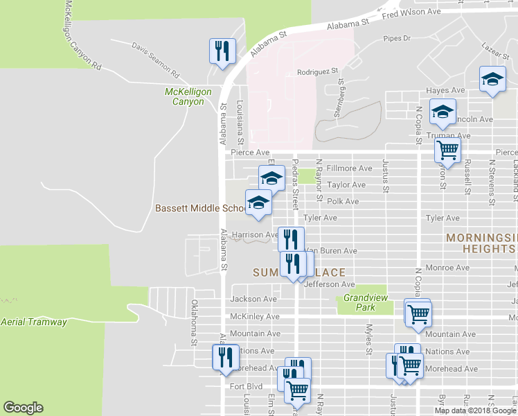 map of restaurants, bars, coffee shops, grocery stores, and more near 4400 Elm Street in El Paso