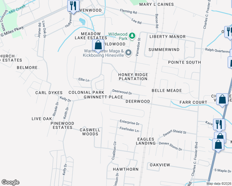 map of restaurants, bars, coffee shops, grocery stores, and more near 239 Deerwood Drive in Hinesville
