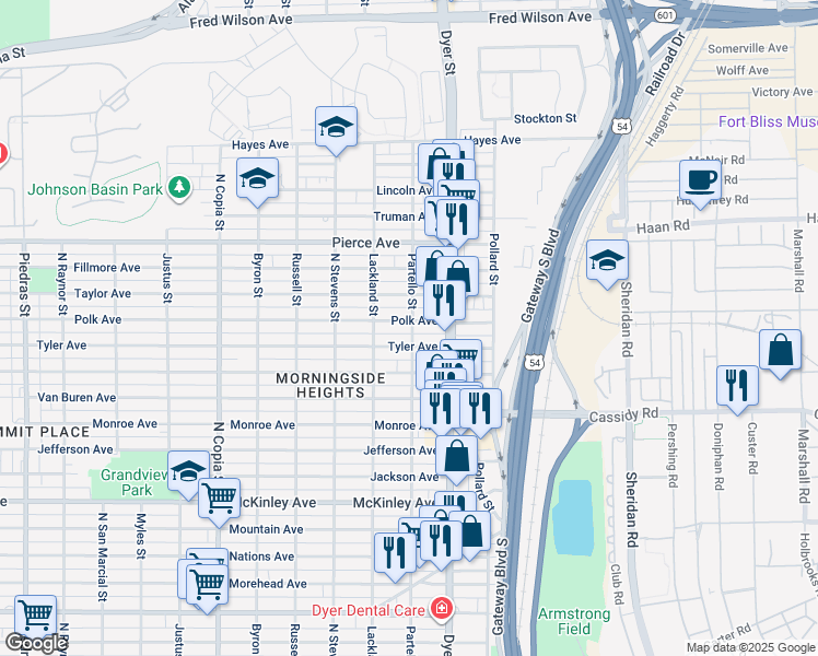 map of restaurants, bars, coffee shops, grocery stores, and more near 3901 Tyler Avenue in El Paso