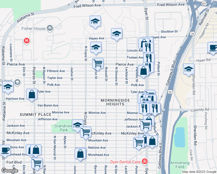 map of restaurants, bars, coffee shops, grocery stores, and more near 3601 Tyler Avenue in El Paso