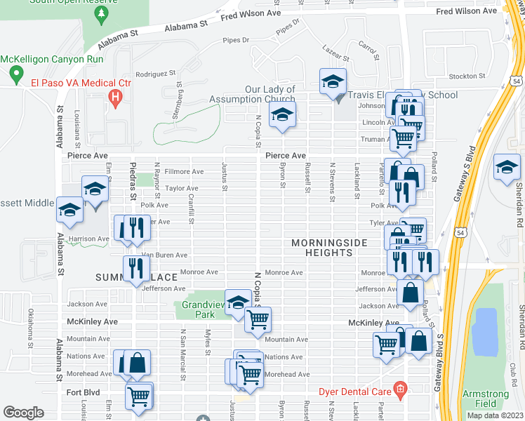 map of restaurants, bars, coffee shops, grocery stores, and more near 3401 Tyler Avenue in El Paso