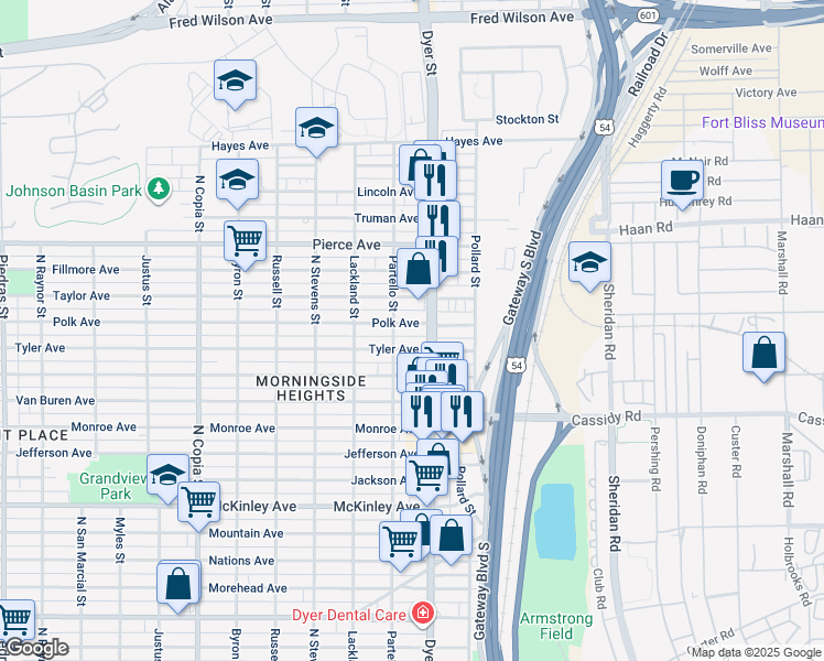 map of restaurants, bars, coffee shops, grocery stores, and more near 3901 Tyler Avenue in El Paso
