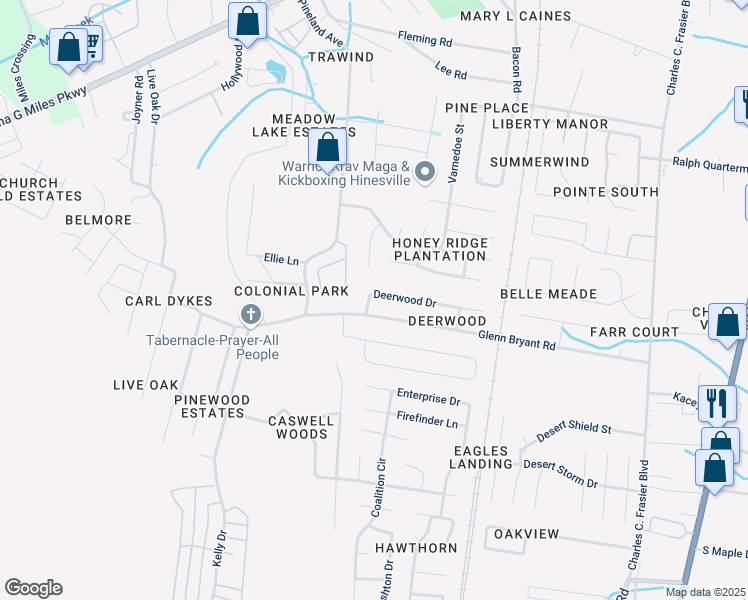 map of restaurants, bars, coffee shops, grocery stores, and more near 243 Deerwood Drive in Hinesville