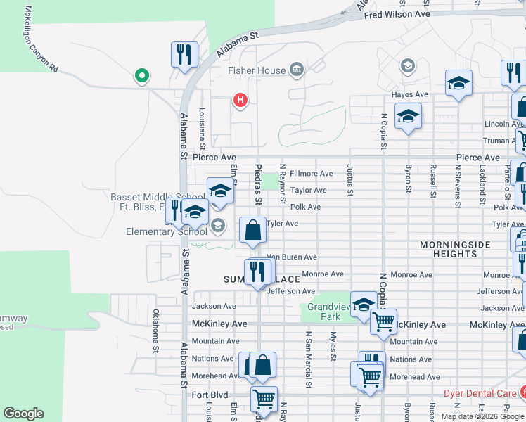 map of restaurants, bars, coffee shops, grocery stores, and more near 2907 Tyler Avenue in El Paso
