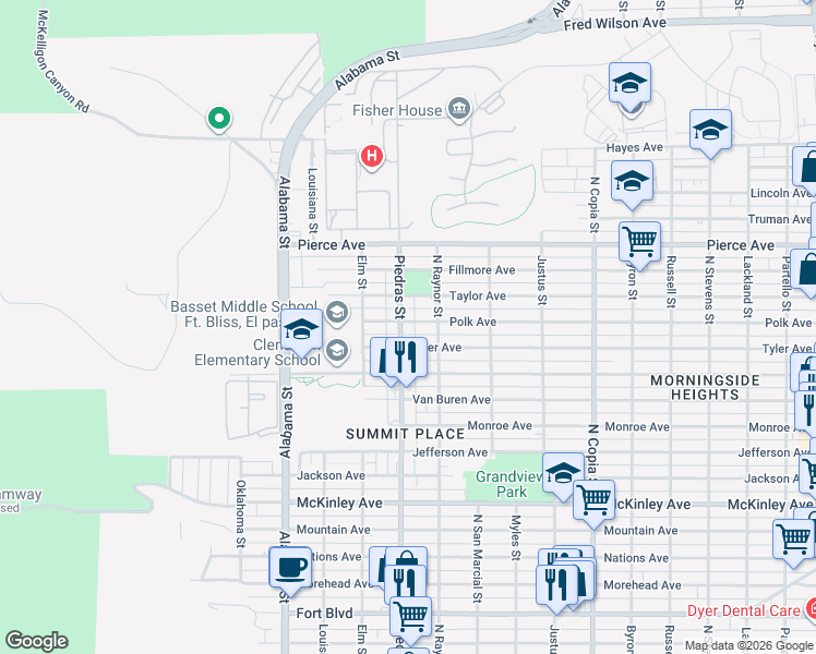 map of restaurants, bars, coffee shops, grocery stores, and more near 2907 Tyler Avenue in El Paso