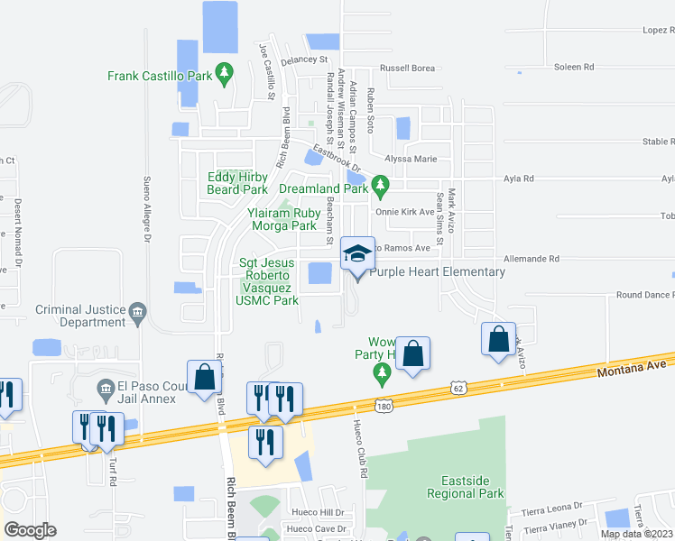 map of restaurants, bars, coffee shops, grocery stores, and more near 4577 Andrew Wiseman Street in El Paso
